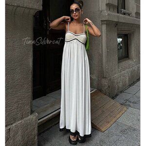 Zara Combination Knit Maxi Dress Ecru Black Sz M NWT